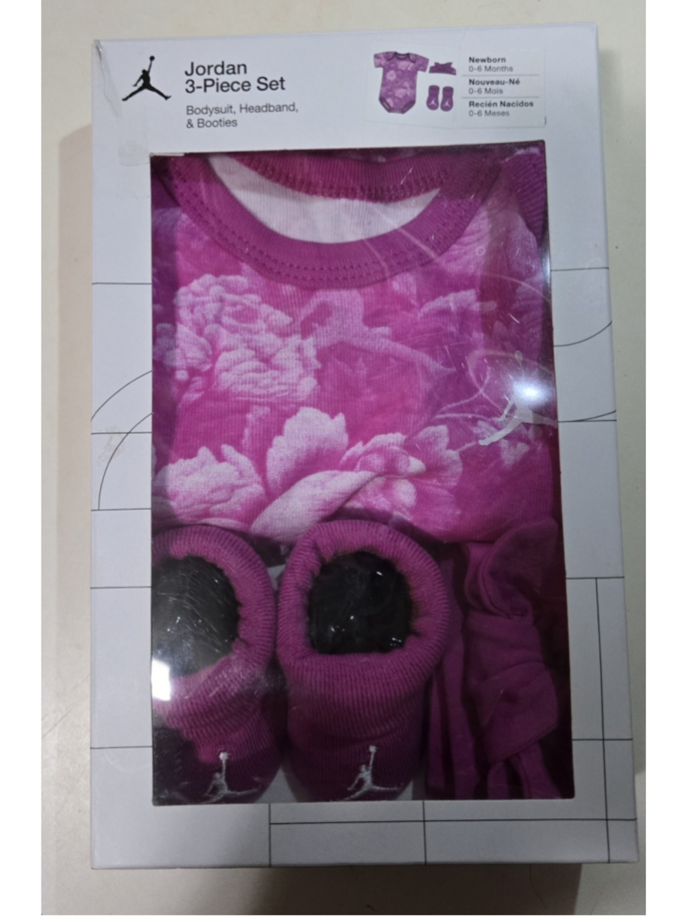 Jordan 3-Piece Layette Set Bodysuit Headband Booties Pink Floral 0-6 Months